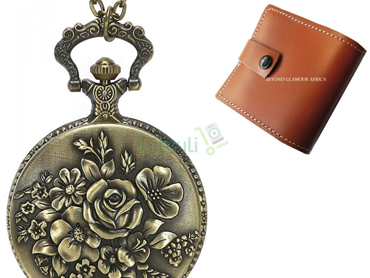 Brass Flowered pocket watch with leather wall