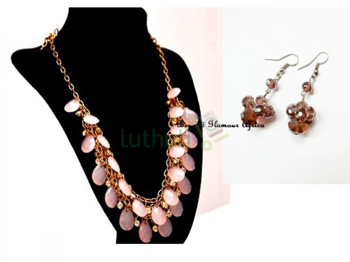 Ladies Pink crystal necklace and earrings