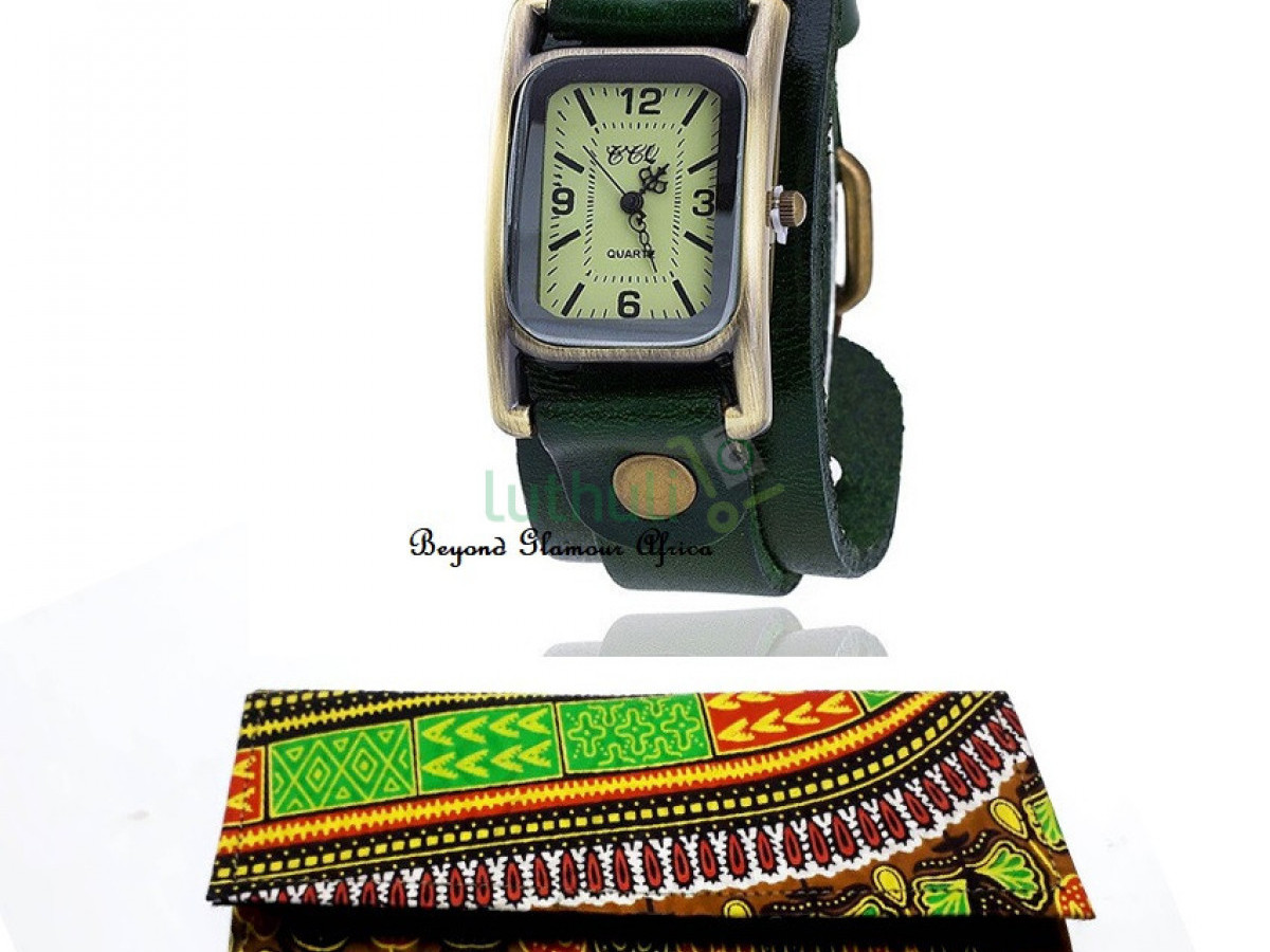 Womens Green Leather watch with clutch