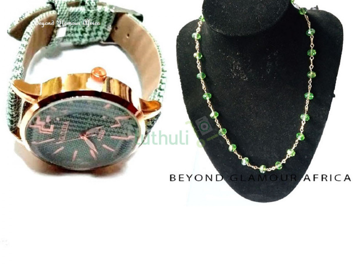 Womens Green Leather watch with necklace