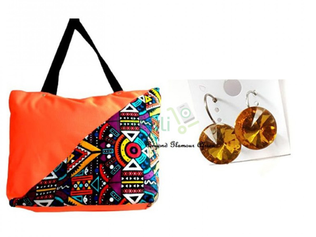 Womens Orange canvas bag with earrings