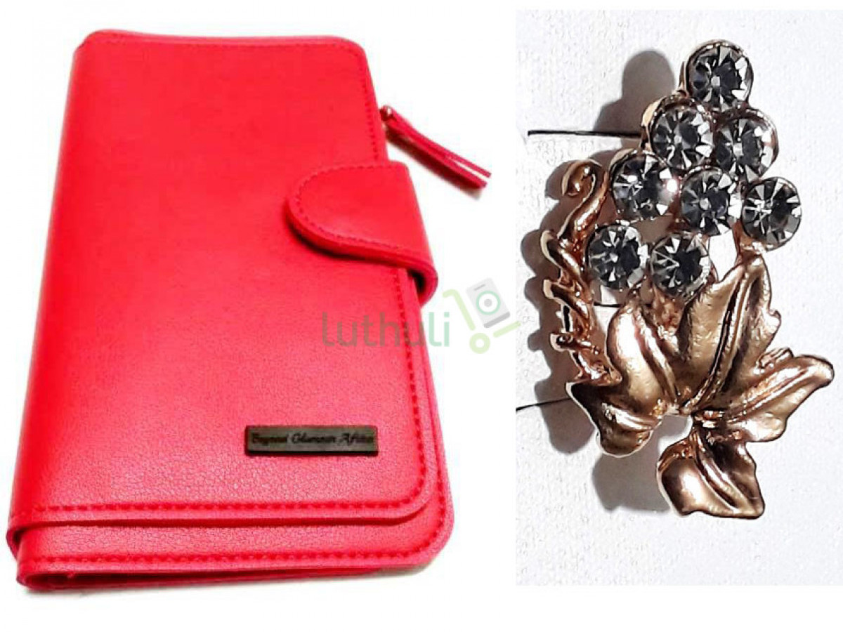 Womens Red Leather wallet with golden brooch