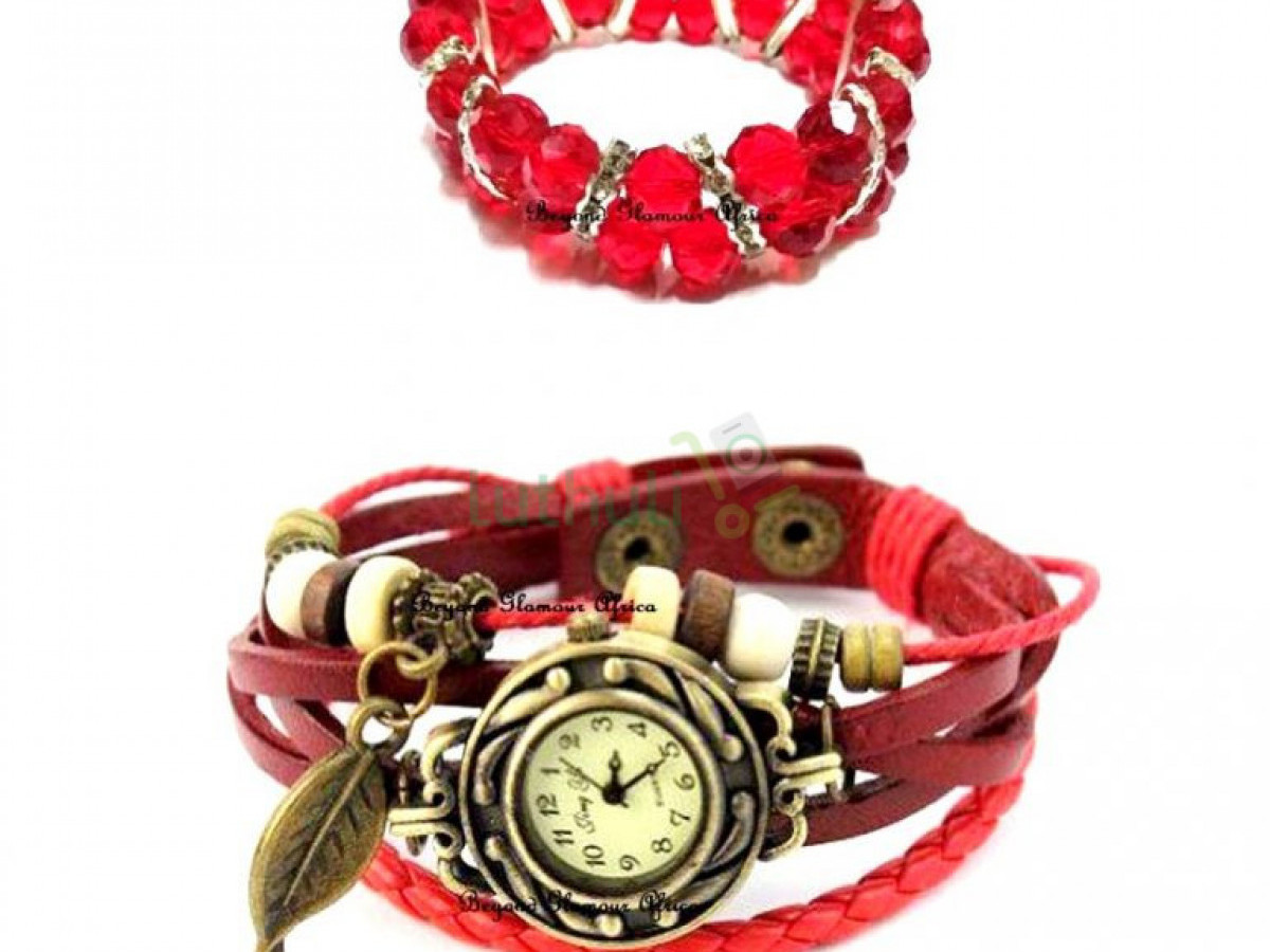 Womens Red Leather watch and Bracelet