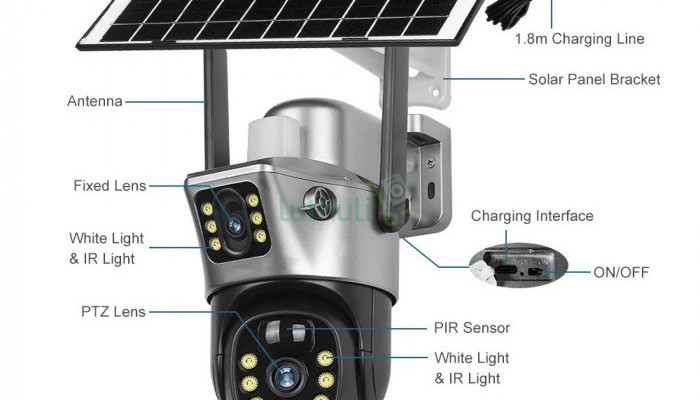 Solar-powered dual-lens PTZ camera with 360° coverage and night