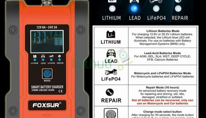 FOXSUR Lithium Battery Charger, 12V/24V 6Amp Full Automatic Intel